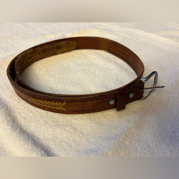 Brown Leather Belt with Silver Buckle and Decorative Braided Stitching - Picture 3 of 8